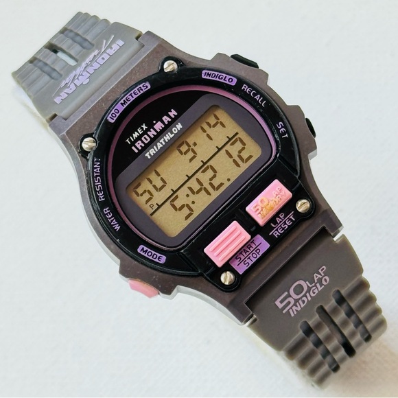 Vintage 1995 Timex Ironman 50 Lap Women's Kids Gray Pink Digital Watch 100M - Picture 1 of 14
